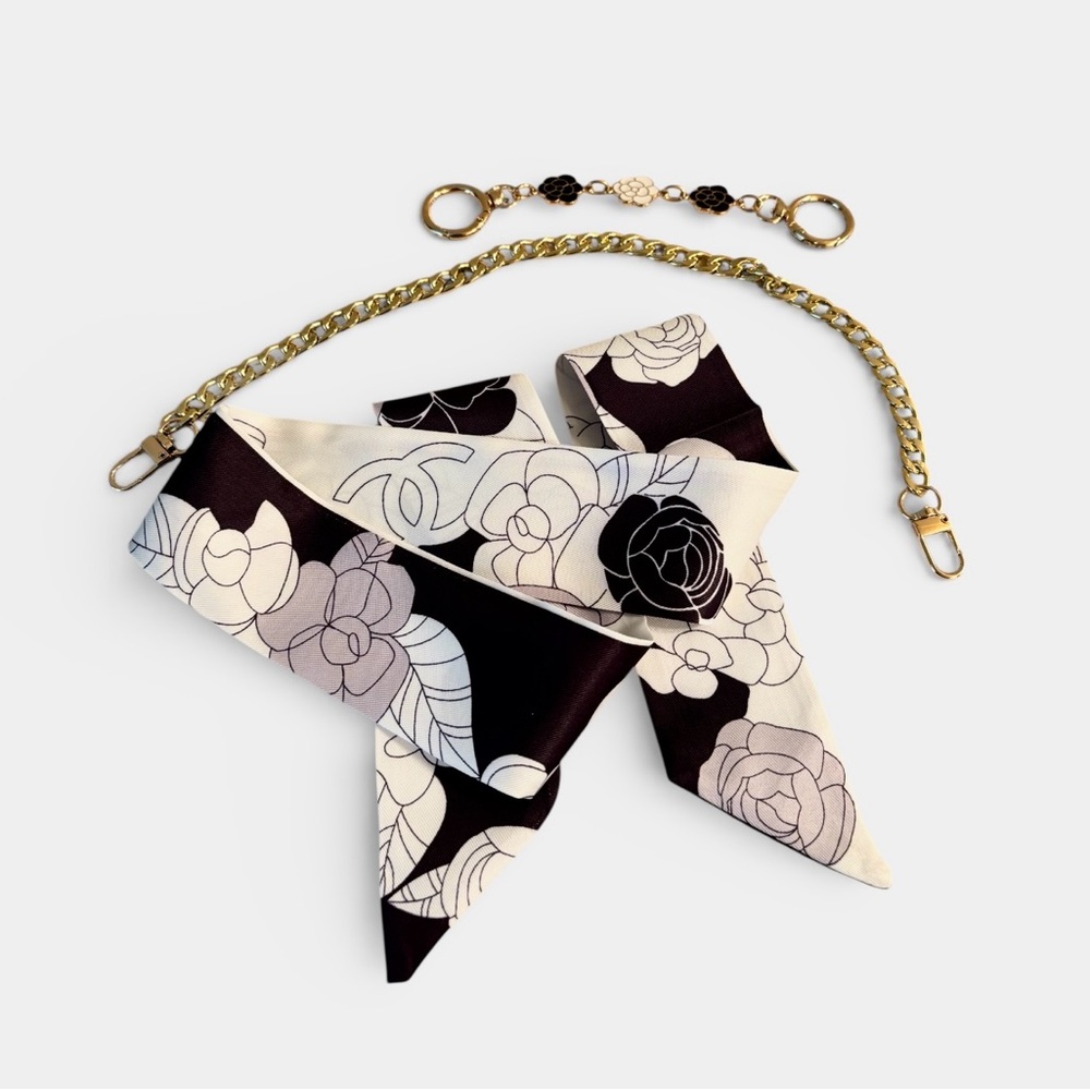 Floral Black and White Twilly, Gold Chain strap and a Bag Extender Set